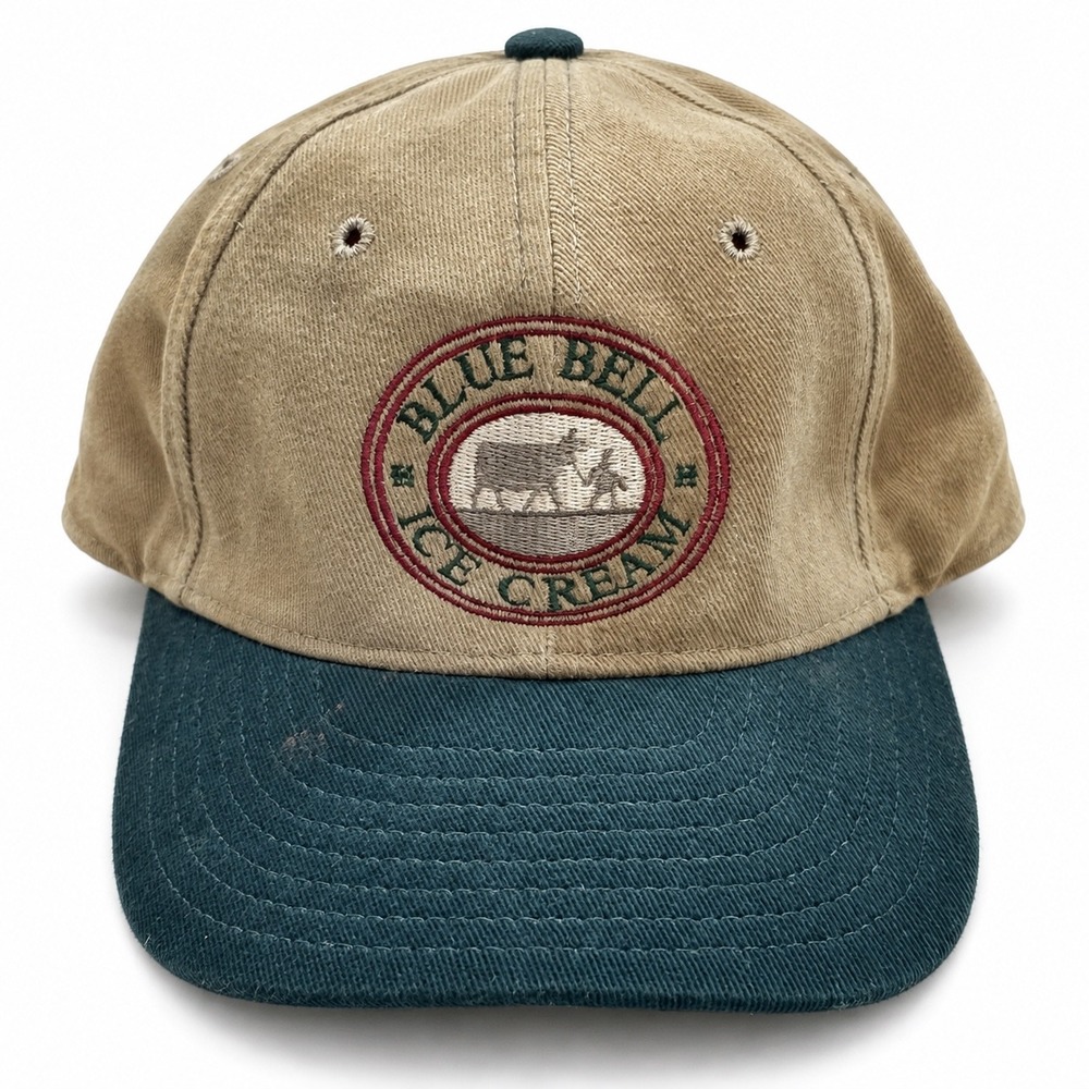Vintage New Era Blue Bell Ice Cream Hat Made in USA Khaki Green Strapback